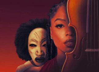 Young woman with a violin partially hiding her face, beside a carved mask against a warm orange gradient background.