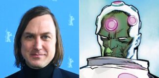 Left: man with shoulder-length hair in a dark blazer and black turtleneck against a blue backdrop; right: comic-style green-skinned figure with a pink brain-implant device.