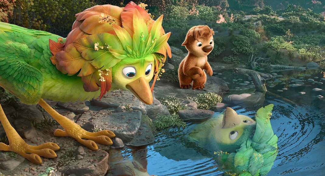 Colorful green bird and a brown cub on rocky shore watching a lime-green fish rise from a tranquil pond.