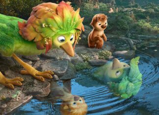 Colorful green bird and a brown cub on rocky shore watching a lime-green fish rise from a tranquil pond.