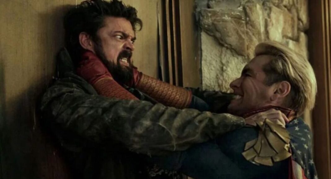 Two men in a violent struggle against a wall; one grips the other's throat.