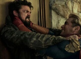 Two men in a violent struggle against a wall; one grips the other's throat.