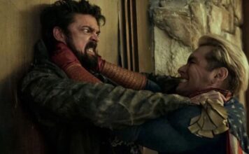 Two men in a violent struggle against a wall; one grips the other's throat.
