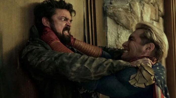 Two men in a violent struggle against a wall; one grips the other's throat.