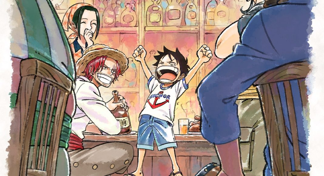 the one piece Cheerful cartoon scene of a boy standing on a table with arms raised, surrounded by three adults in a colorful bar setting.