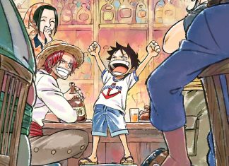 ‘The One Piece’: Remake em anime da Netflix ganha primeira ARTE e previsão de lançamento! Cheerful cartoon scene of a boy standing on a table with arms raised, surrounded by three adults in a colorful bar setting.