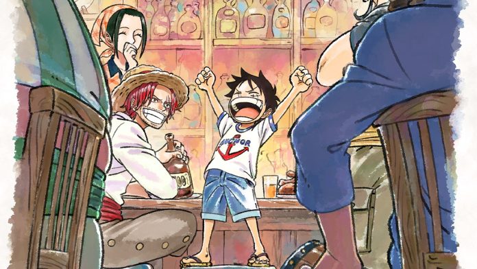 Cheerful cartoon scene of a boy standing on a table with arms raised, surrounded by three adults in a colorful bar setting.