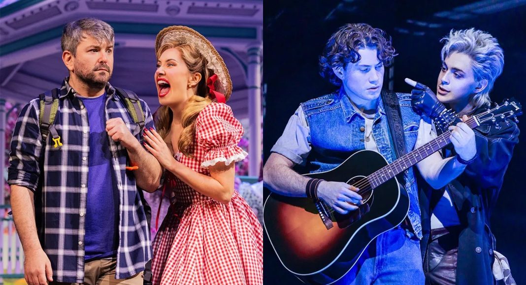 Split-screen musical scene: left panel with a man in a plaid shirt and backpack and a woman in a red gingham dress and straw hat arguing; right panel with two guitarists performing, one playing the guitar and the other gesturing