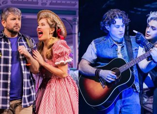 Split-screen musical scene: left panel with a man in a plaid shirt and backpack and a woman in a red gingham dress and straw hat arguing; right panel with two guitarists performing, one playing the guitar and the other gesturing