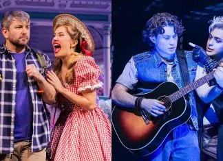 Tony Awards 2026 | Daniel Radcliffe, ‘Schmigadoon!’ e mais na lista de indicados ao Oscar do teatro Split-screen musical scene: left panel with a man in a plaid shirt and backpack and a woman in a red gingham dress and straw hat arguing; right panel with two guitarists performing, one playing the guitar and the other gesturing