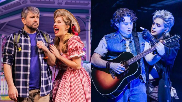 Split-screen musical scene: left panel with a man in a plaid shirt and backpack and a woman in a red gingham dress and straw hat arguing; right panel with two guitarists performing, one playing the guitar and the other gesturing