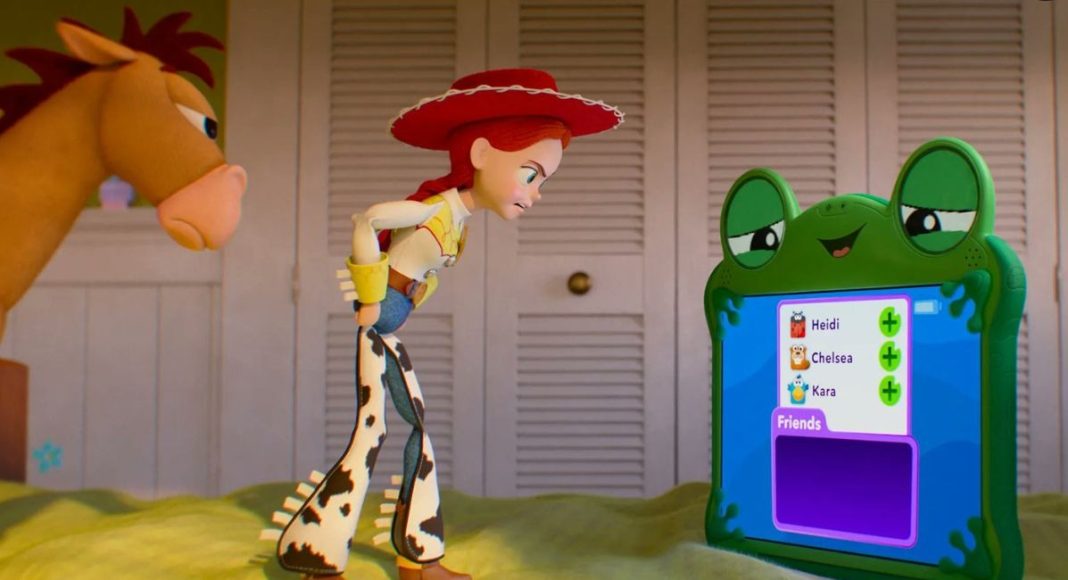 Jessie from Toy Story leans toward a green frog-shaped tablet showing a Friends list with add icons next to names.