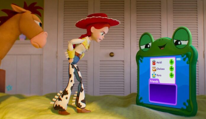 Jessie from Toy Story leans toward a green frog-shaped tablet showing a Friends list with add icons next to names.