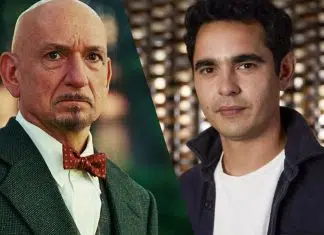 Two men in a split-screen collage: left is a bald, bearded older man in a tweed suit and red bow tie; right is a young man with dark hair in a white shirt and dark jacket.