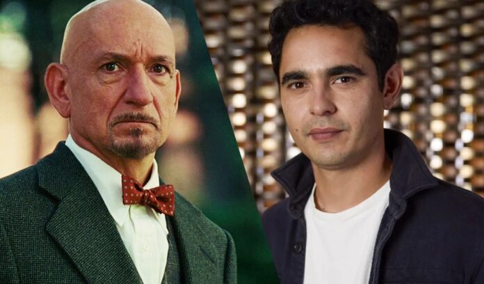 Two men in a split-screen collage: left is a bald, bearded older man in a tweed suit and red bow tie; right is a young man with dark hair in a white shirt and dark jacket.