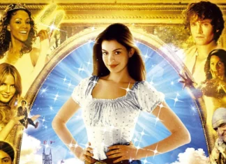 Poster of a fantasy film with a central woman in a white dress standing before a glowing portal, surrounded by magical characters and sparkles.