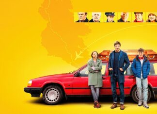 Three people stand by a red station wagon with a coffin strapped to the roof against a bright yellow background and map outline behind them.