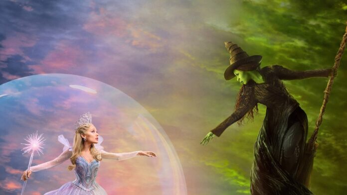 wicked-cinepop Princess in a silver ball gown and crown reaches toward a green-skinned witch on a broom, inside a large magical bubble against a colorful sky.